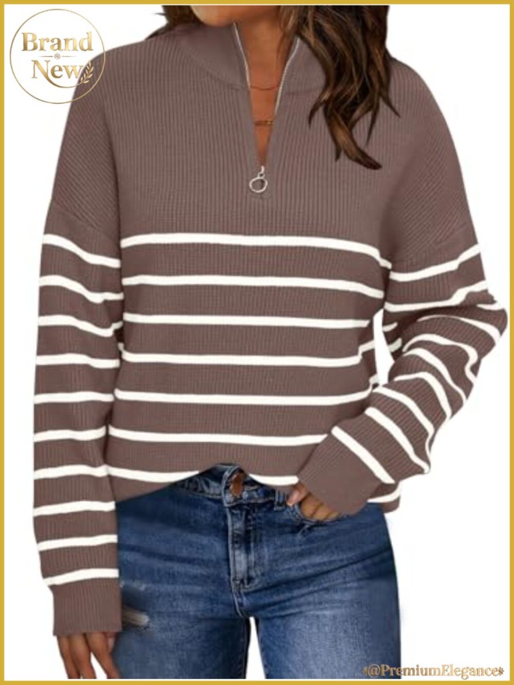 Women's Oversized Quarter Zip Striped Knit Pullover Sweater Viscose Blend
